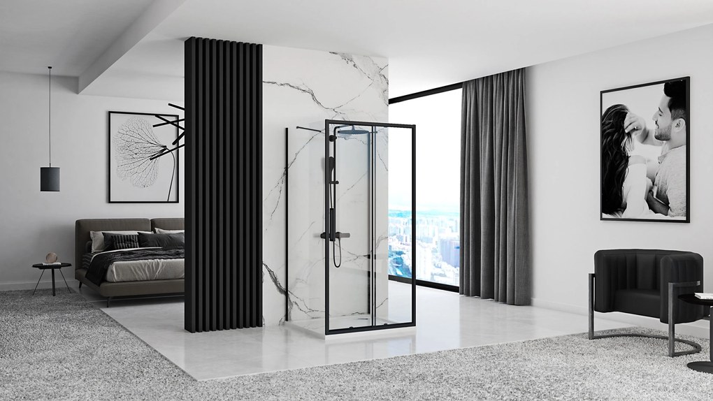 Rea Rapid Slide Wall, 3-stenný sprchovací kút s posuvnými dverami 160 (dvere) x 90 (stena) x 195 cm, 6mm číre sklo, čierny profil, KPL-09893