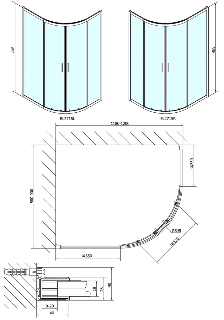 Polysan Polysan, EASY LINE štvrťkruhová sprchová zástena 1200x900mm, L/R, číre sklo, EL2715