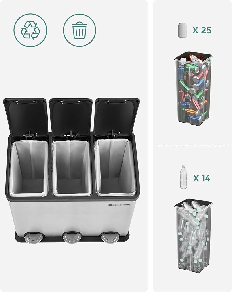 Veľký odpadkový kôš 54 L, recyklačný kôš 3x18 L, strieborný