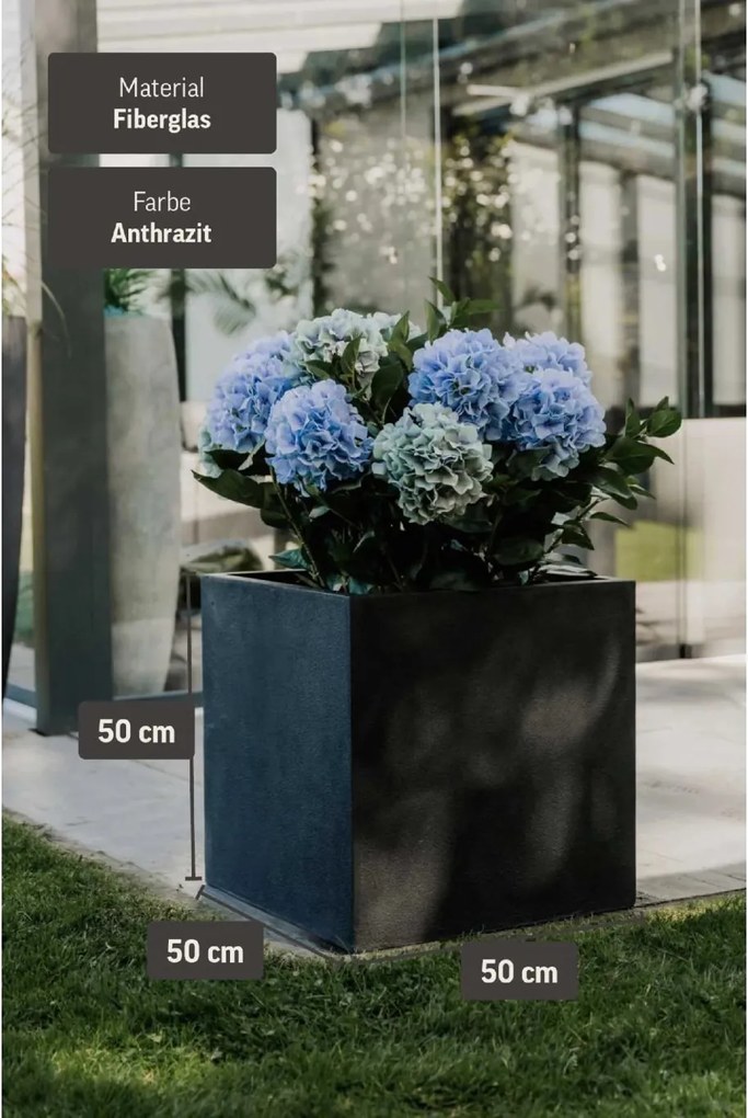 Kvetináč BLOCK, sklolaminát – vzhľad kameňa, 50 x 50 x 50 cm, antracit