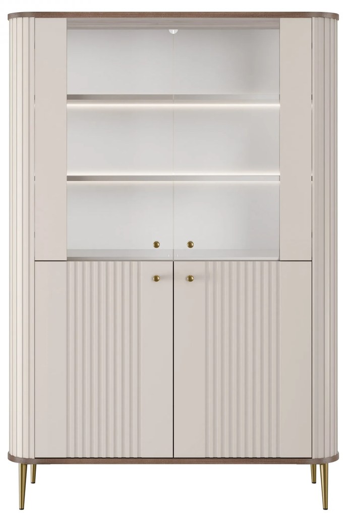 Vitrína Vesper 103 cm štvordverová - kašmír / orech / zlaté nohy