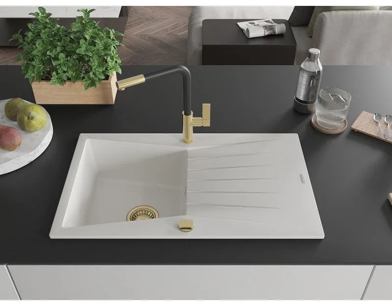 Mexen Cesar, 1-komorový granitový drez 775x470x190 mm a drezová batéria Flora, biela, 6514-20-670401-57-G