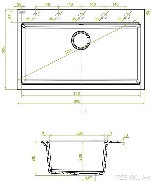 Laveo Tau, 1-komorový granitový drez 800x500x215 mm, čierna škvrnitá, LAV-SBT_7108