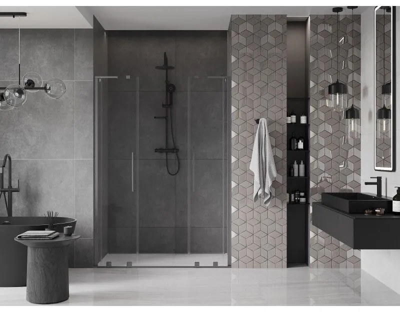 Mexen Velar L Duo, posuvné sprchové dvere do otvoru 160 cm, 8mm číre sklo, grafit brúsený, 871-160-003-02-66