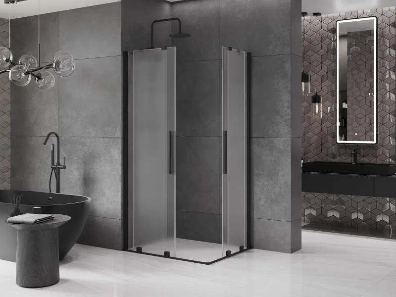 Mexen Velar Duo, sprchový kút s posuvnými dverami 90 x 80 cm, 8mm sklo námraza, čierna matná, 871-090-080-32-70