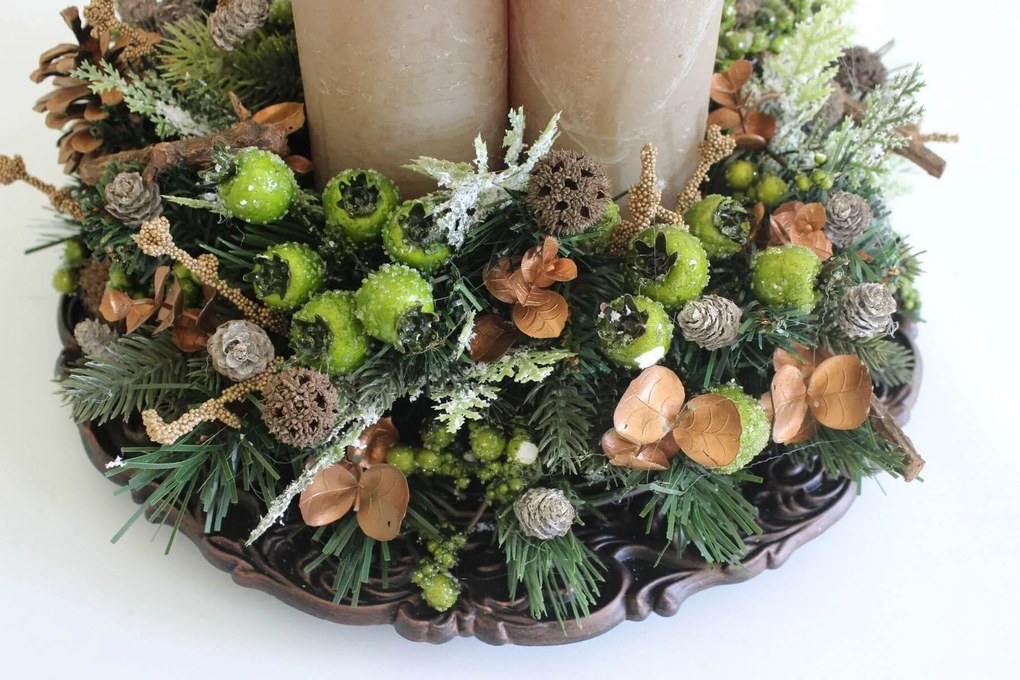 Natur hnedo zelený adventný svietnik na stôl 36cm