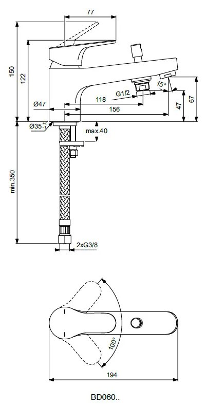 Ideal Standard Cerabase - Vaňová batéria na okraj vane, chróm BD060AA