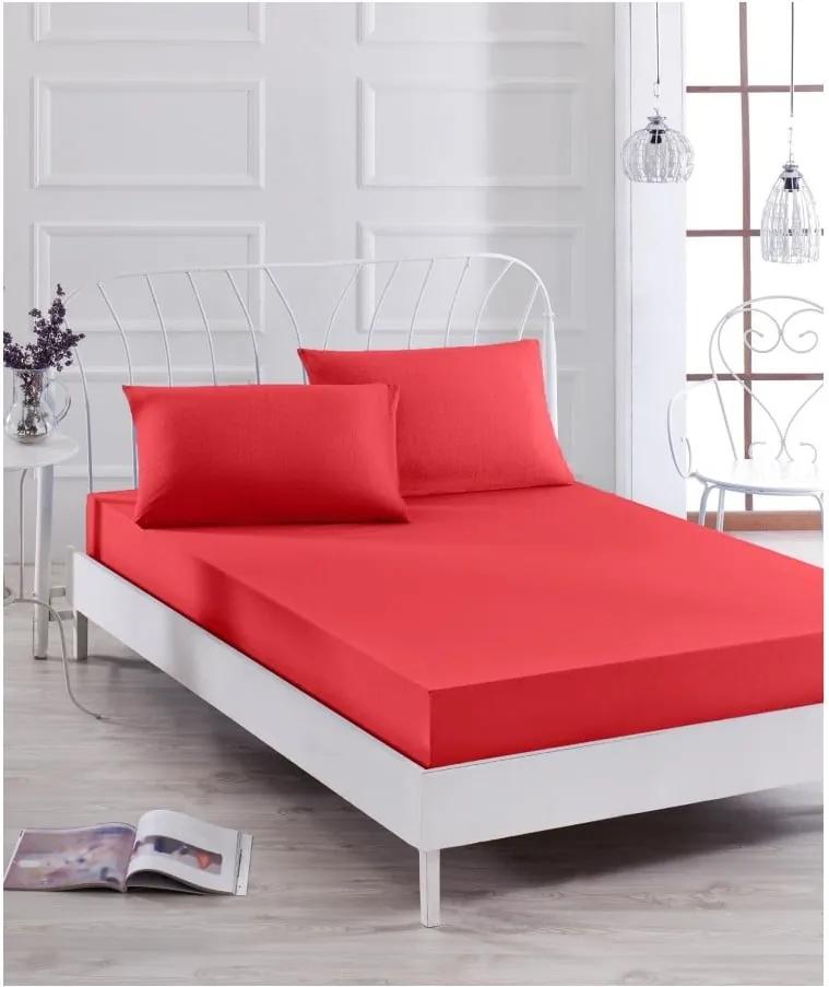 Set červenej elastickej plachty a obliečky na vankúš na jednolôžko Basso Rojo, 100 × 200 cm
