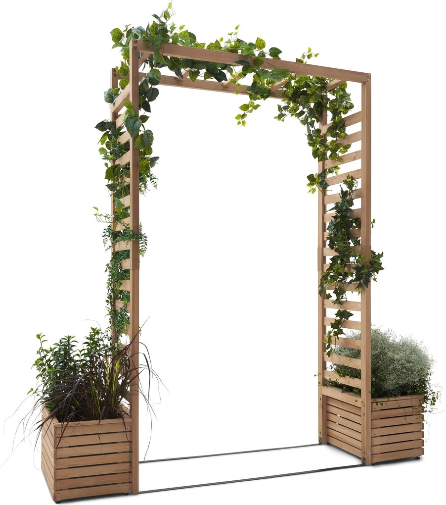 Záhradná pergola s debničkami na sadenie