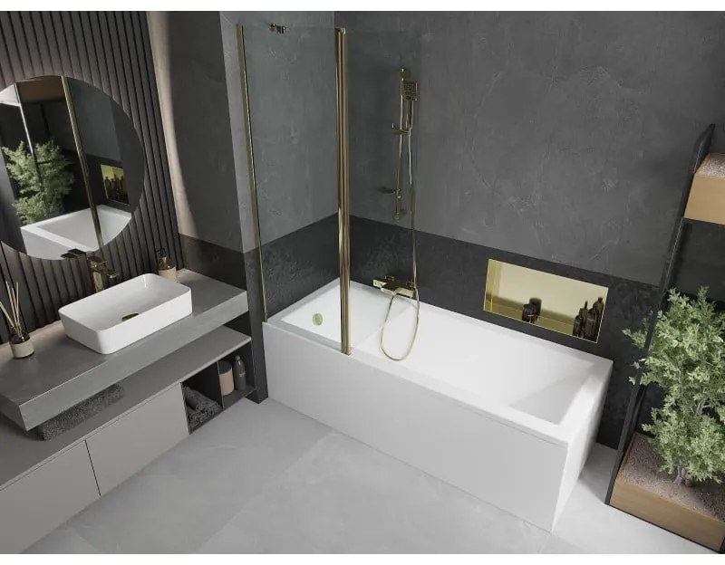 Mexen Flip, vaňová zástena 1-krídlová 120 x 150 cm, otočné krídlo, 6 mm číre sklo, zlatý profil, 894-120-101-50-00