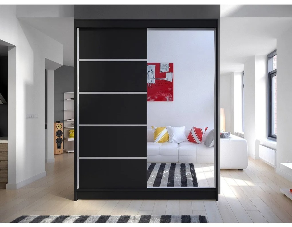 Šatníková skriňa Belgia III, Farby: čierna / biela + zrkadlo, Osvetlenie: osvetlenie LED RGB - farebné