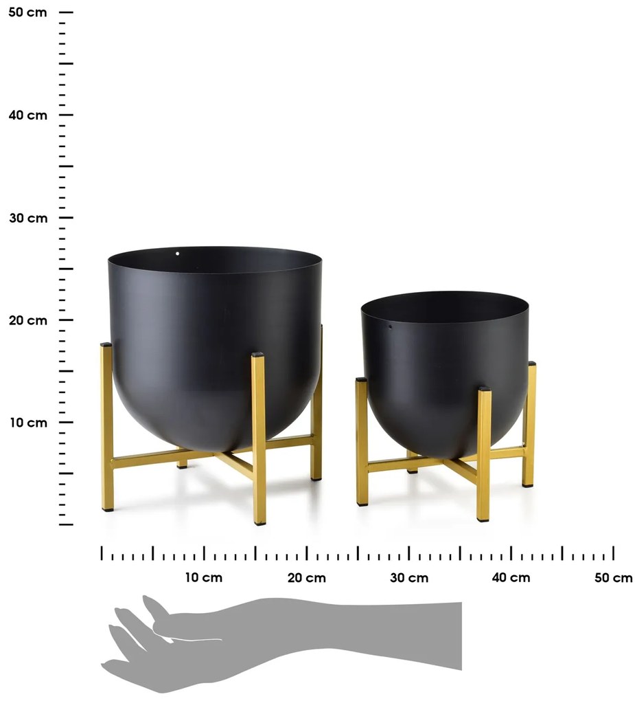 KOVOVÝ KVETINÁČ SO STOJANOM SWEN BOULE SADA 2KS 20X22 CM+16X17 CM ČIERNA/ZLATÁ