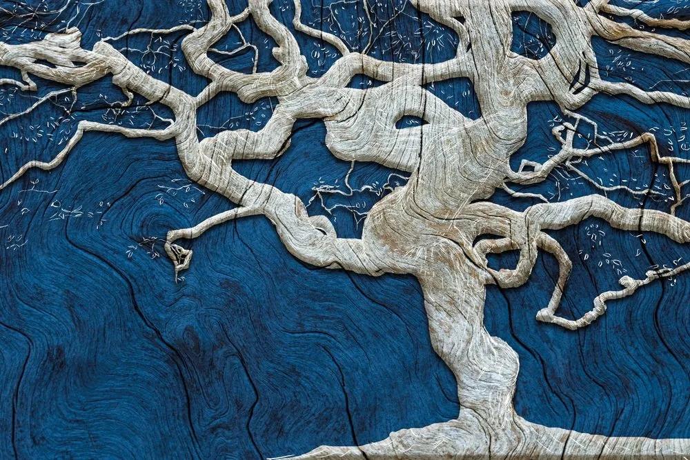 Samolepiaca tapeta abstraktný strom na dreve s modrým kontrastom - 375x250