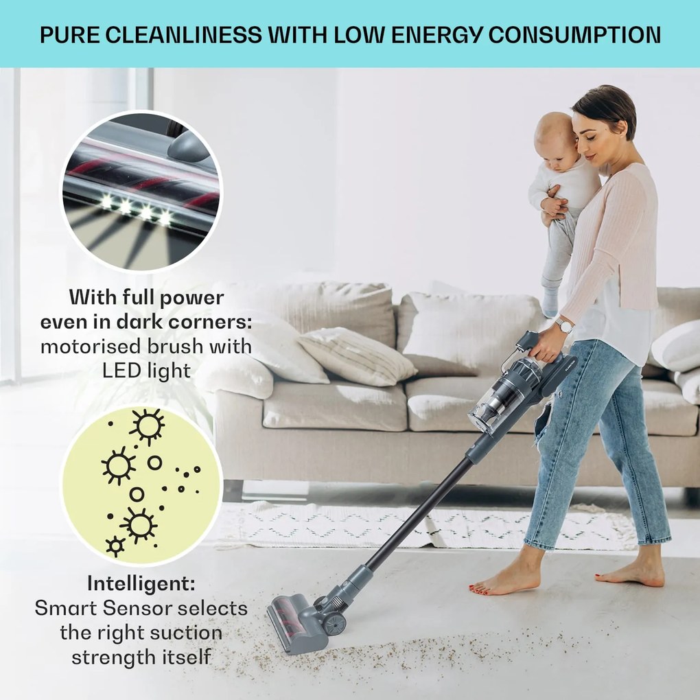 Klarstein LARMA, vysávač, akumulátorový, bezvreckový, maximálna doba prevádzky 45min, LED