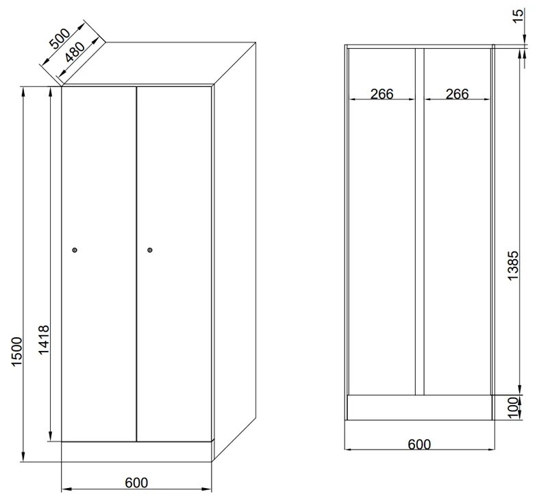 Šatníková skrinka znížená, 2 oddiely, 1500 x 600 x 500 mm, kódový zámok, laminované dvere, orech