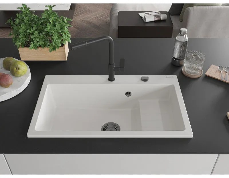 Mexen Omar, 1-komorový granitový drez 800x480x210 mm, biela, grafitový sifón, 6520801005-20-B