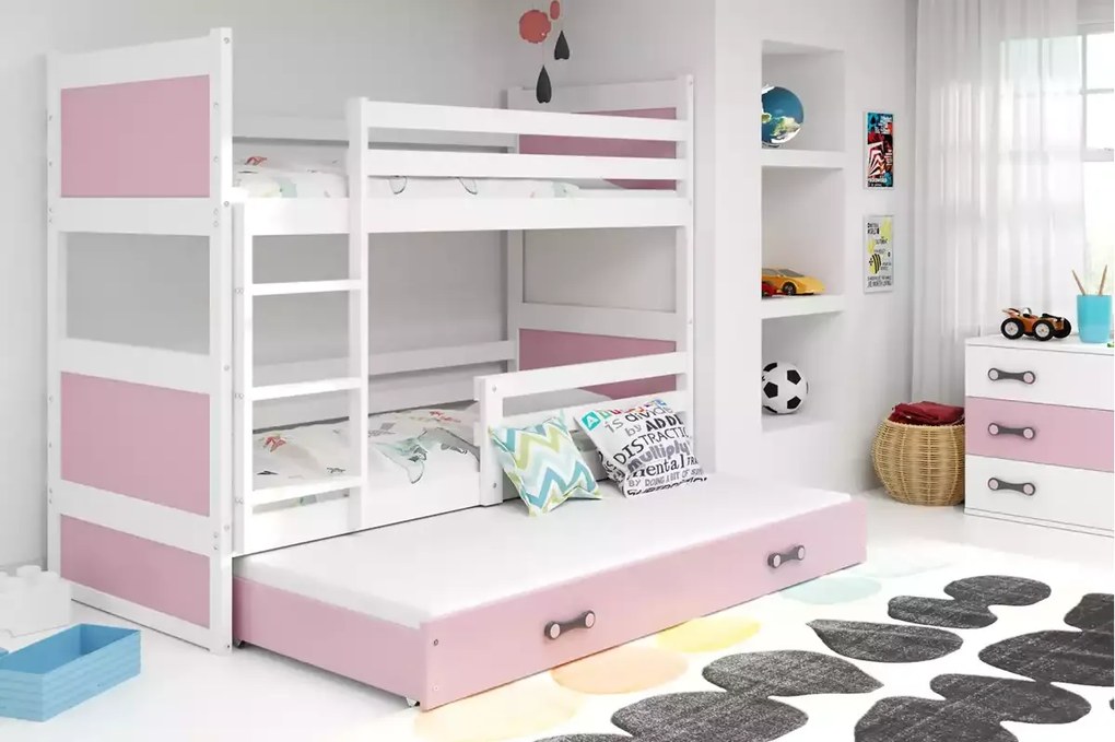 3-lôžková poschodová posteľ RICO so zásuvkou, biela/ružová