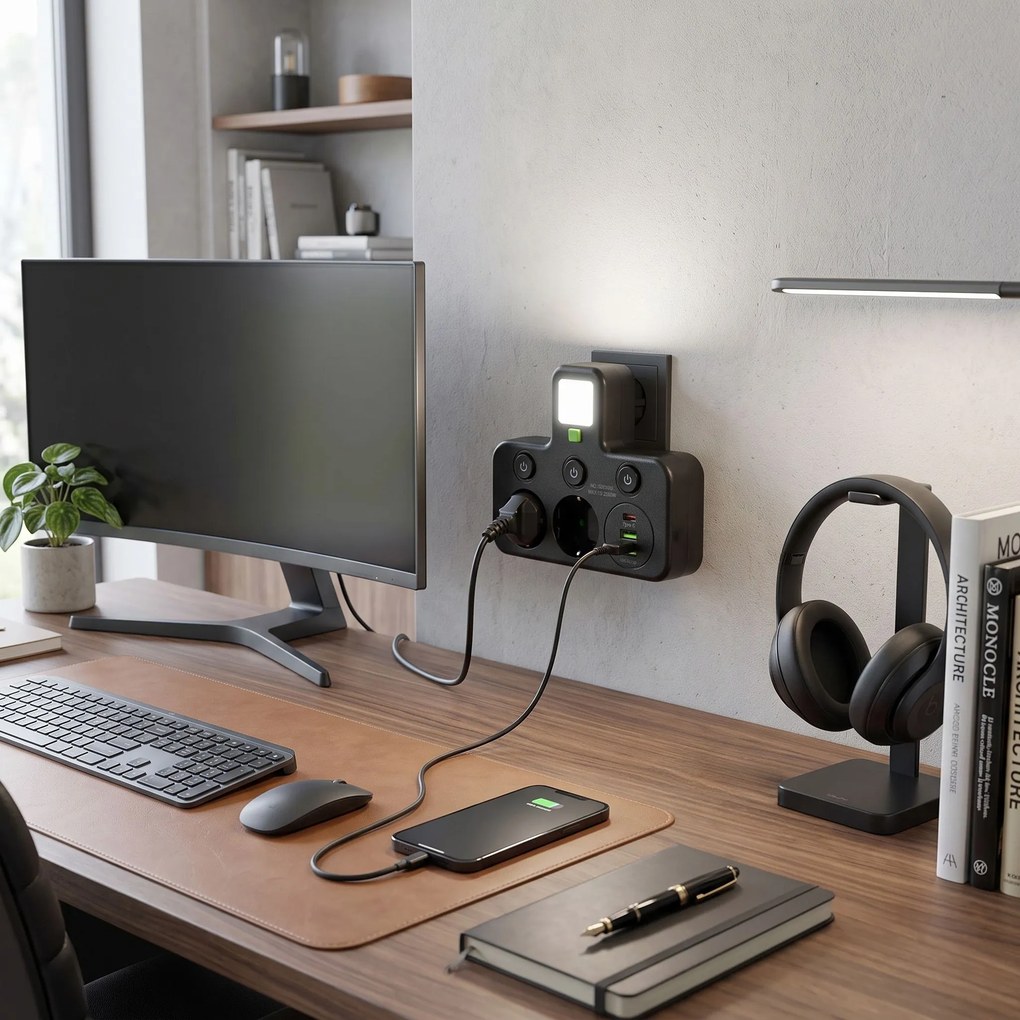 Toolight Toolight, JNH017, zásuvkový rozbočovač 2 zásuvky + 2× USB-A + USB-C s LED svetlom, čierna, OSW-56308