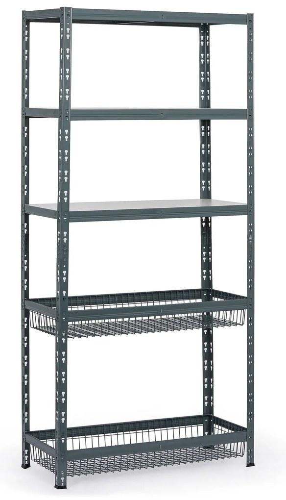 Policový regál s košmi, 1954 x 900 x 400 mm, nosnosť 175 kg, 3 police + 2 koše