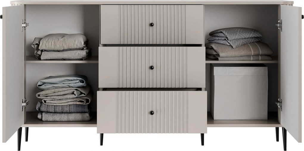 Komoda Vesper 160 cm so zásuvkami na nožičkách - kašmír / čierne nohy