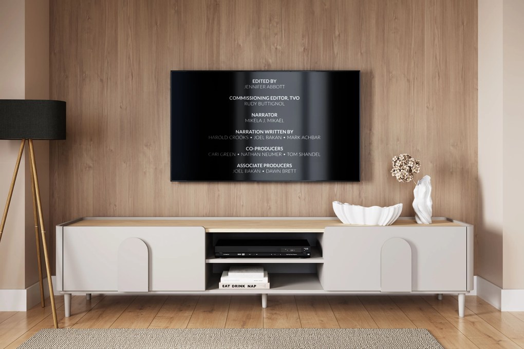 TV stolík Amilio 220 cm so zásuvkou - kašmír / olejovaný dub / úchytky kašmír