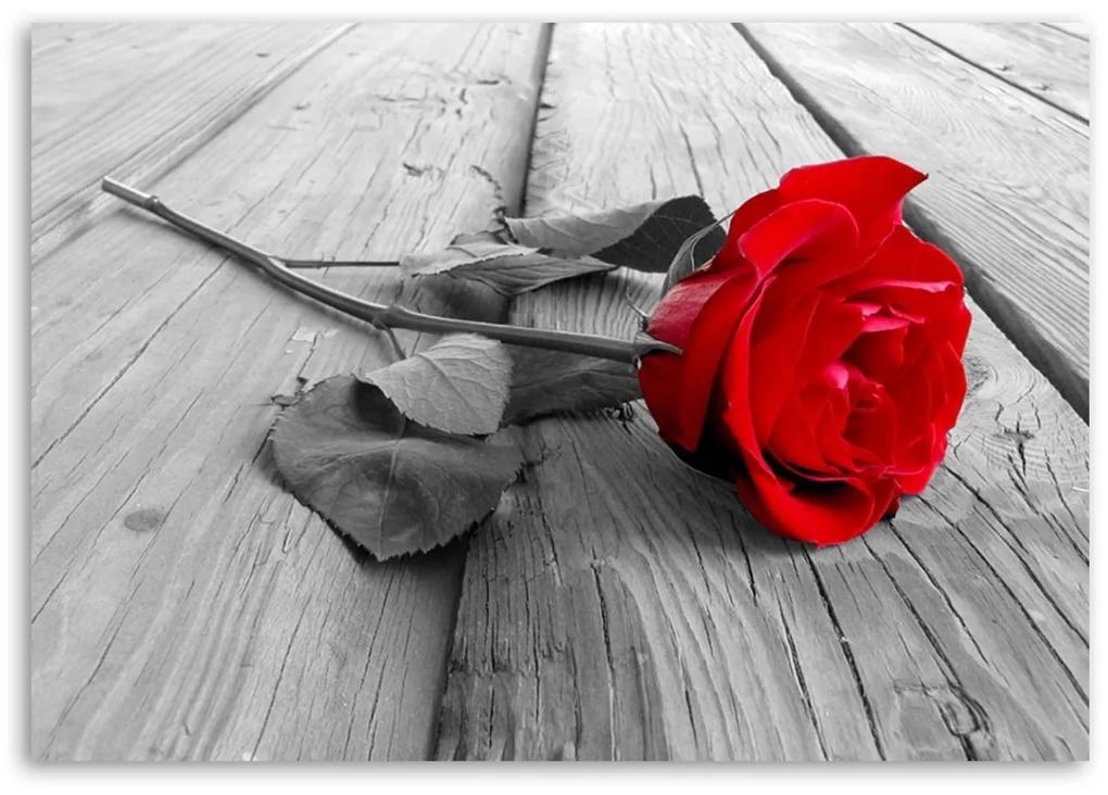 Obraz na plátně Červená růže na dřevěné podlaze - 60x40 cm