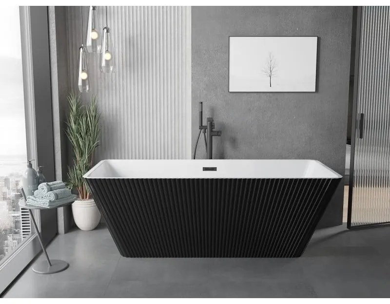 Mexen Tava, voľne stojaca ryhovaná vaňa 170 x 75 cm, biela-čierna, čierny matný prepad, 52851707575-70