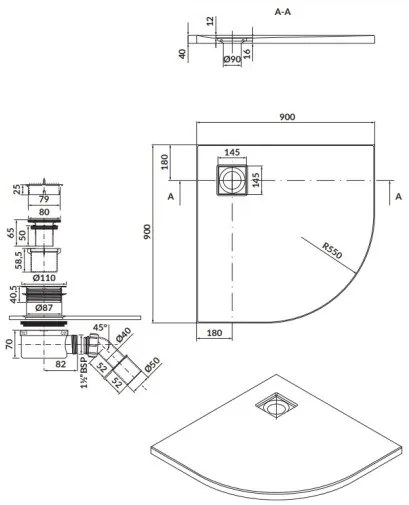 Cersanit Tako Slim, Štvrťkruhová sprchová vanička 90x90x4 cm + šedý sifón, šedá matná, S932-160