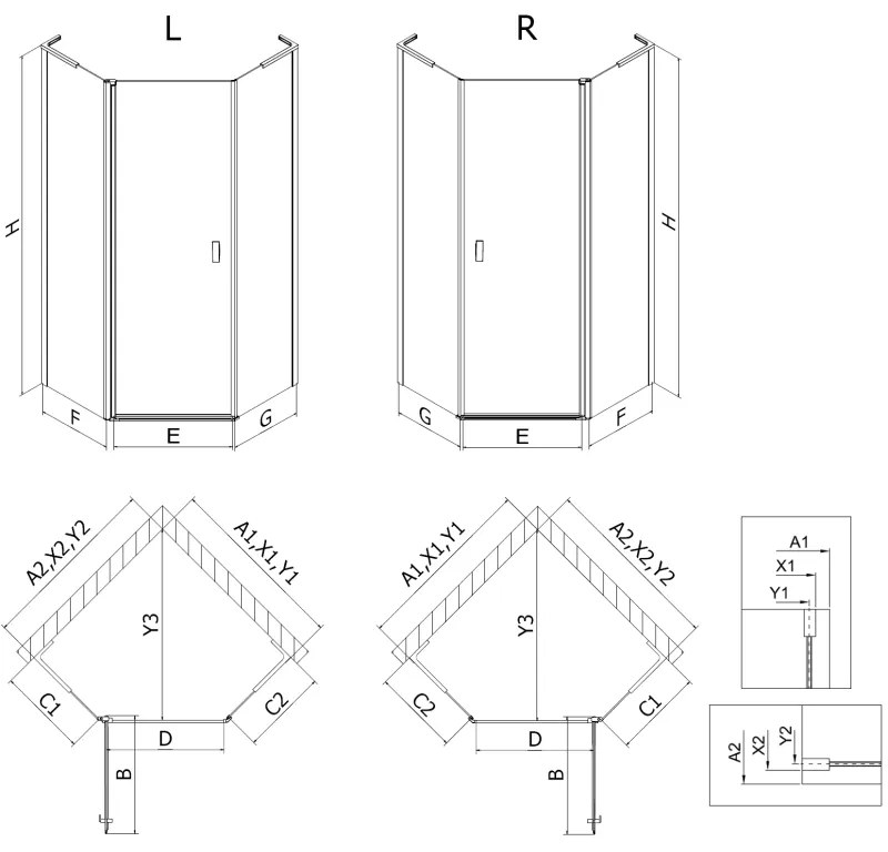 Mexen Mist L, päťuholníkový sprchový kút s krídlovými dverami, 90 x 90 cm, 8mm číre sklo, zlatý matný profil, 8A8L-090-090-55-00