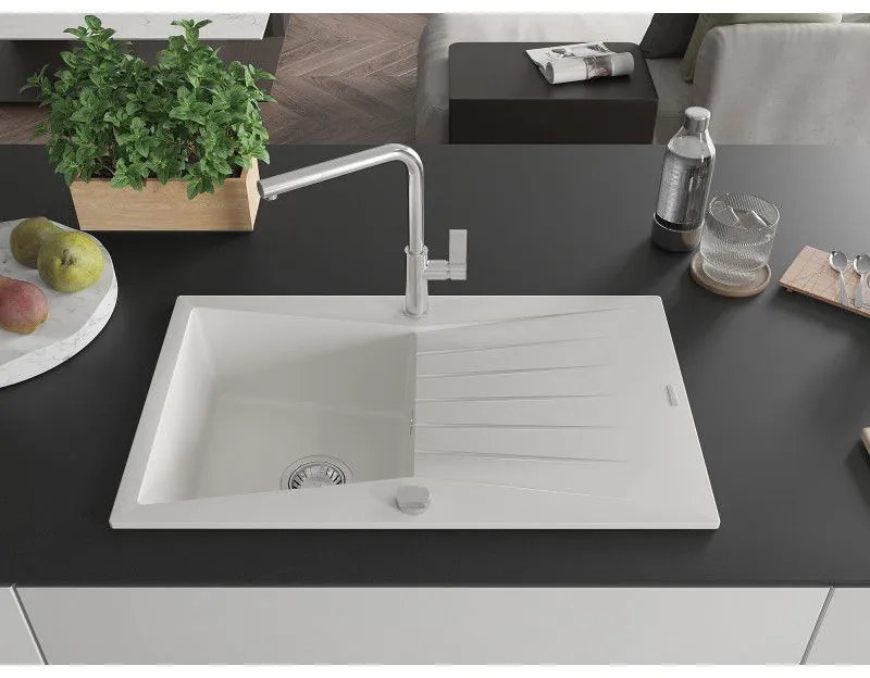 Mexen Cesar, 1-komorový granitový drez 775x470x190 mm a drezová batéria Flora, biela, 6514-20-670401-00