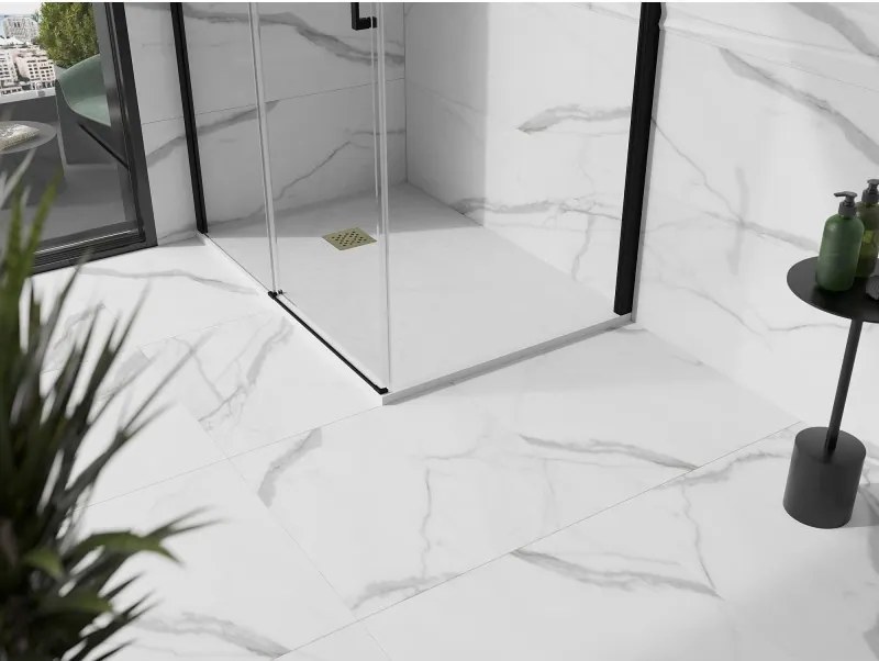 Mexen Stone+, obdĺžniková vanička z minerálneho kompozitu 120 x 90 cm, biela, zlatá lesklá krytka, 44109012-G