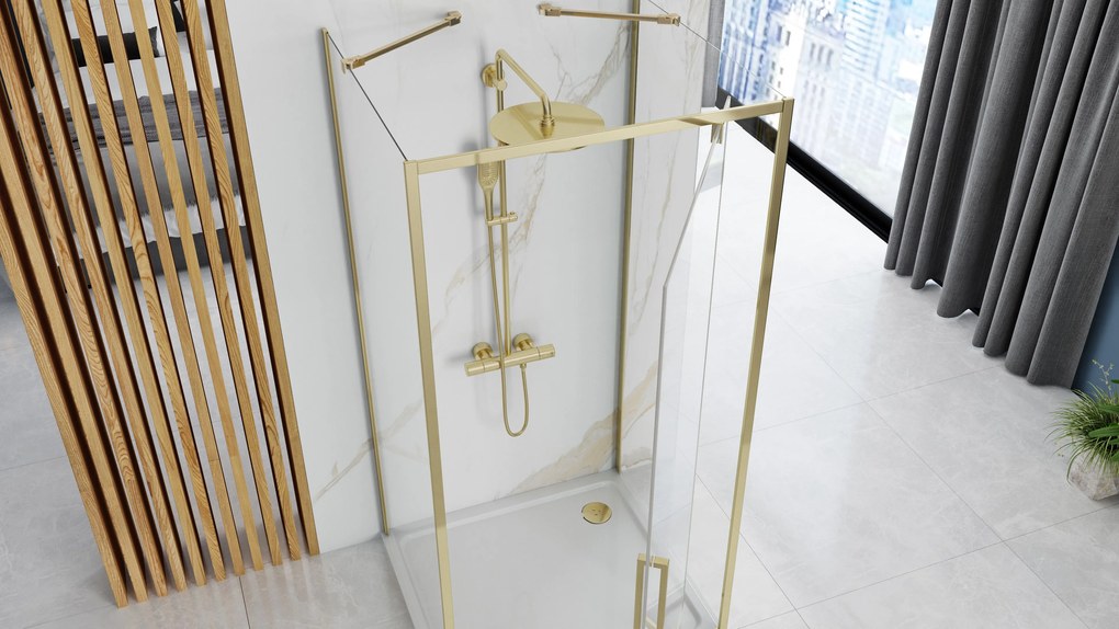 Rea Rapid Swing, 3-stenový sprchovací kút 100 (dvere) x 100 (stena) x 100 (stena) x 195 cm, 6mm číre sklo, zlatý lesklý profil, KPL-09415