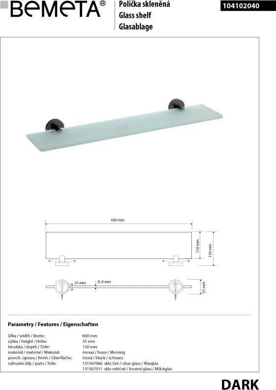 Bemeta Design DARK: Polička, 600 mm, sklo - 104102040