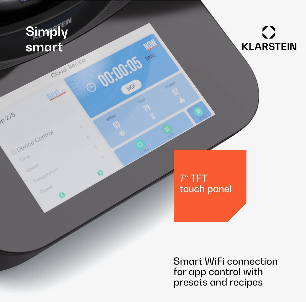 Klarstein Aria Grande Smart, kuchynský robot, 1700 W, 4,7 l, ovládanie cez aplikáciu, parný nástavec, 7' TFT displej