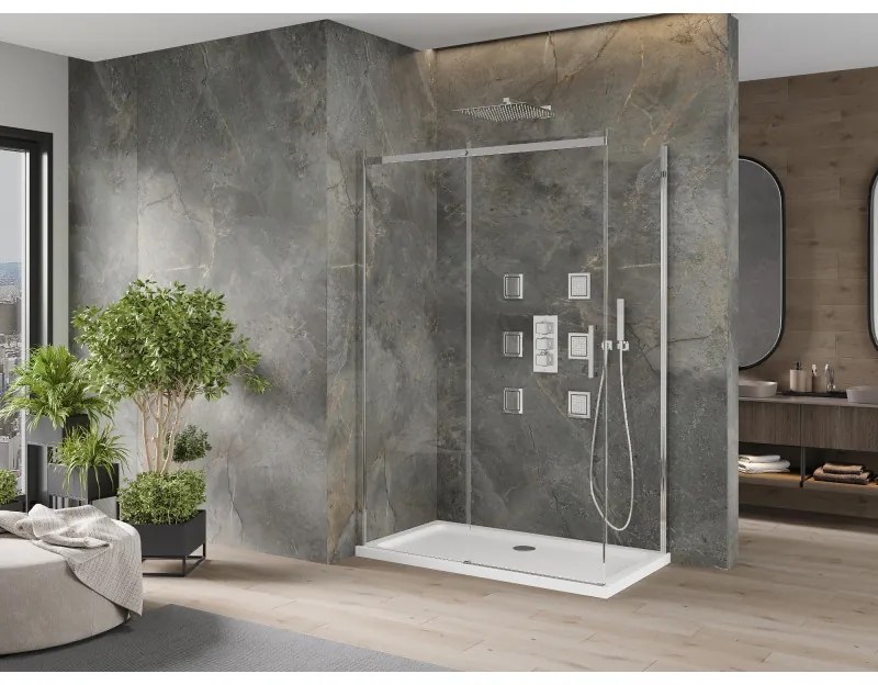 Mexen Omega, sprchovací kút s posuvnými dverami 140 (dvere) x 70 (stena) cm, 8mm číre sklo, chrómový profil + slim sprchová vanička 5cm, 825-140-070-01-00-4010