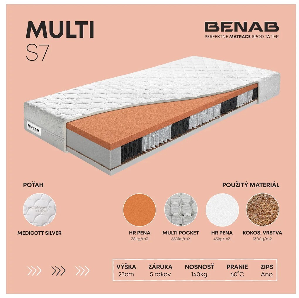 Taštičkový matrac Benab Minotauros S7 200x90 cm (T4/T5). Extra vysoký anatomický matrac so zvýšenou nosnosťou, obojstrannou vrstvou prírodného kokosového vlákna, 5-ročnou zárukou a snímateľným poťahom. 763215