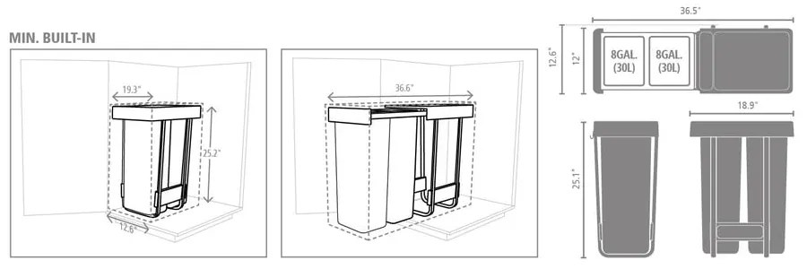 Vstavaný plastový odpadkový kôš na triedený odpad v mentolovo-tmavosivej farbe 60 l Sort&amp;Go – Brabantia