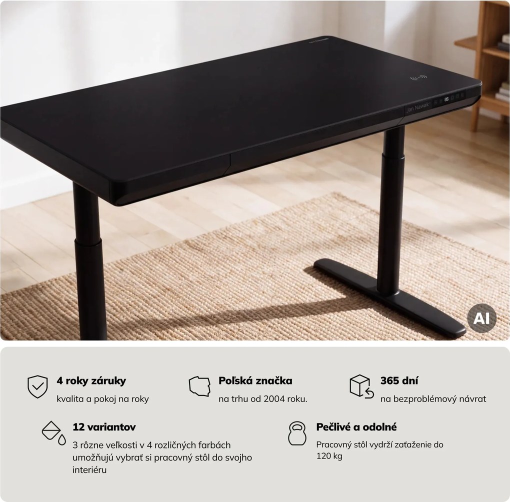 Elektrický písací stôl sit-stand so zásuvkou a bezdrôtovou nabíjačkou Qi čierny, 1200 mm: ELLIS