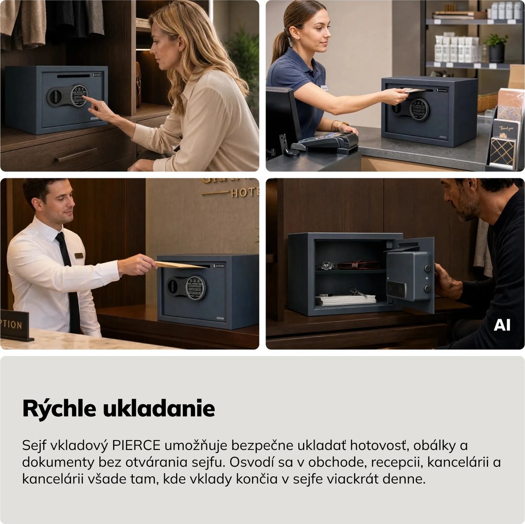 Malý vhadzovací trezor na kód, elektronický, na tržbu a obálky, 350x250x250 mm: PIERCE