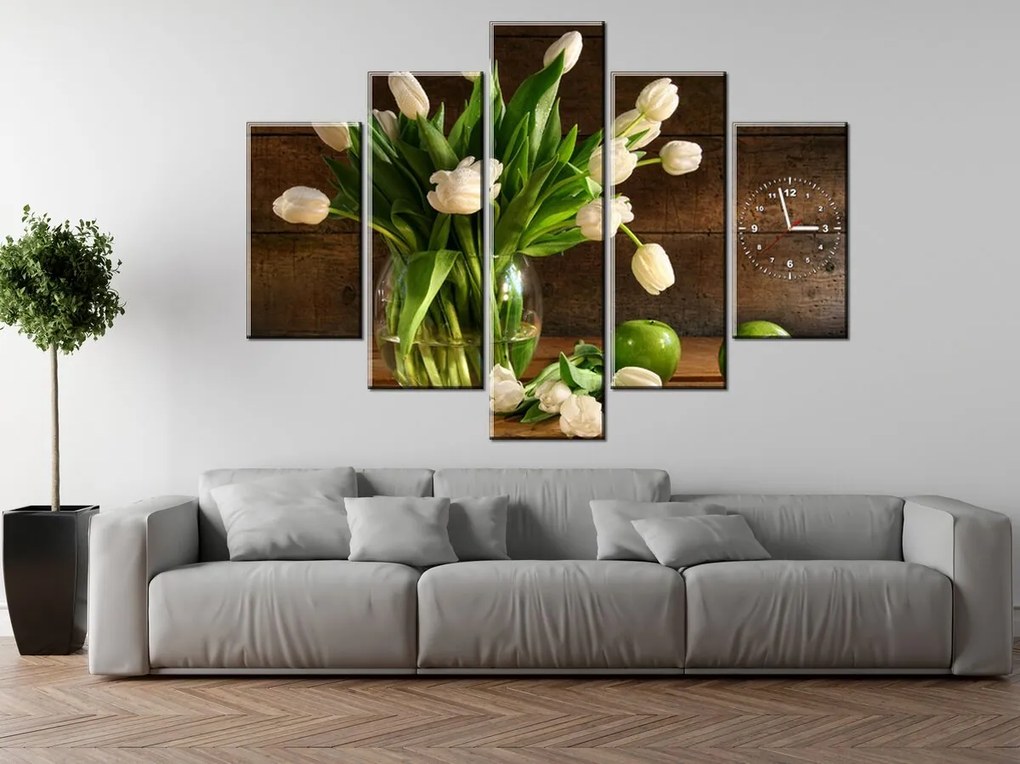 Gario Obraz s hodinami Očarujúce biele tulipány - 5 dielny Rozmery: 150 x 70 cm