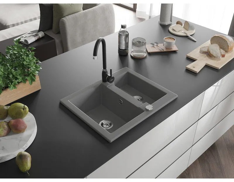 Mexen Carlos, granitový drez 582x475x177 mm, 1,5-komorový a čierna drezová batéria Telma, šedá, 6518-71-670200-70