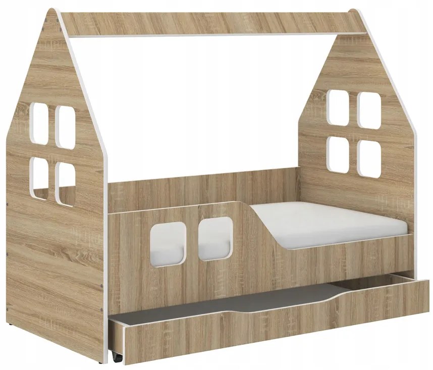 Detská posteľ domček so šuflíkom 140 x 70 cm v dekore dub sonoma ľavá