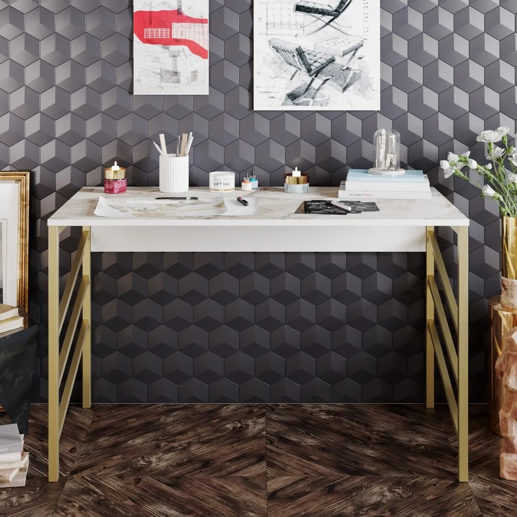 Písací stôl TUNA biely mramor/zlatý