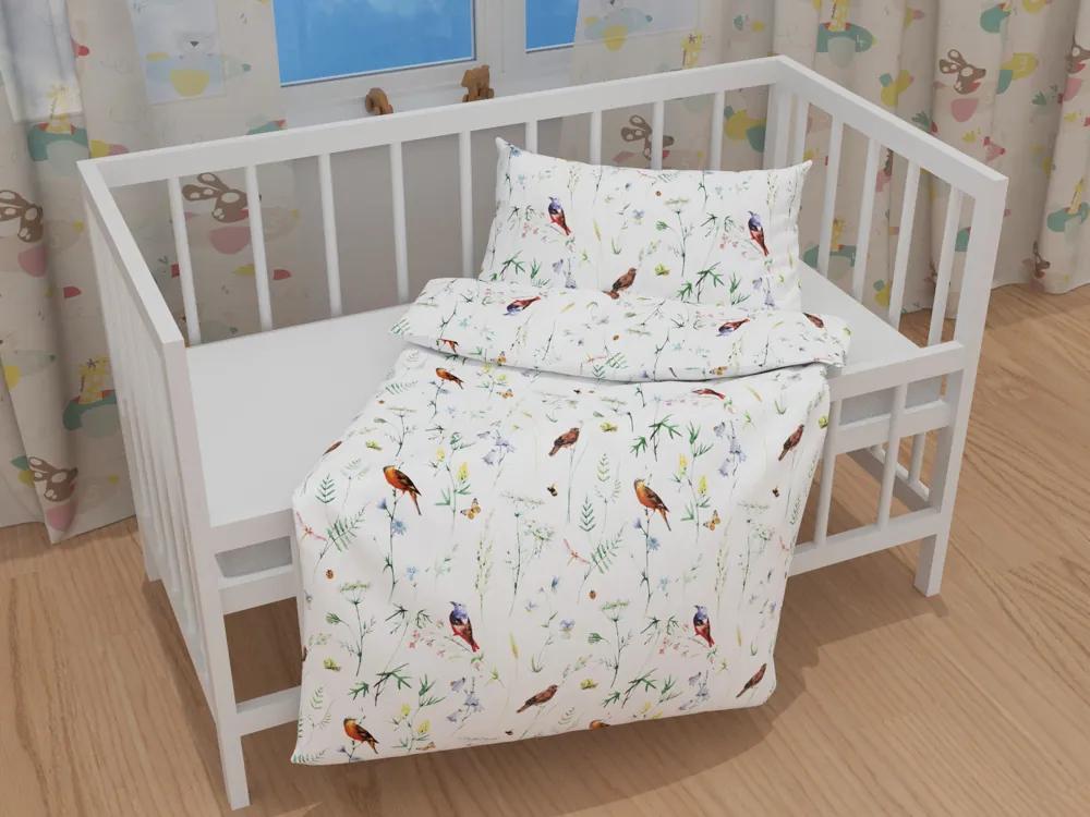 Biante Detské bavlnené posteľné obliečky do postieľky Sandra SA-392 Lúčne kvietky s vtáčikmi Do postieľky 90x140 a 40x60 cm