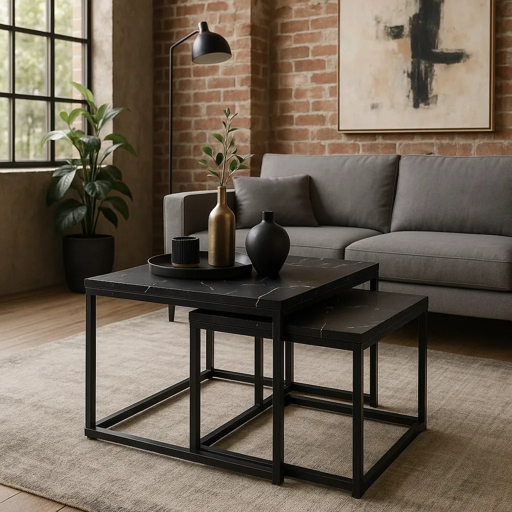 PROXIMA.store - Loftový set konferenčných stolíkov TEVET FARBA: biely mramor, FARBA NÔH: čierna