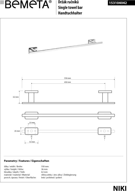 Bemeta Design NIKI: Držiak uterákov, 450 mm - 153104042