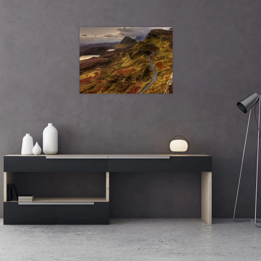 Sklenený obraz škótskych hôr (70x50 cm)