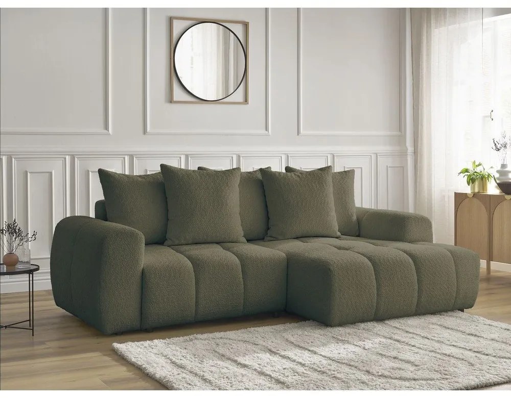 Khaki rozkladacia/s úložným priestorom rohová pohovka z textílie buklé (pravý roh/s leňoškou) Roxelane – Bobochic Paris