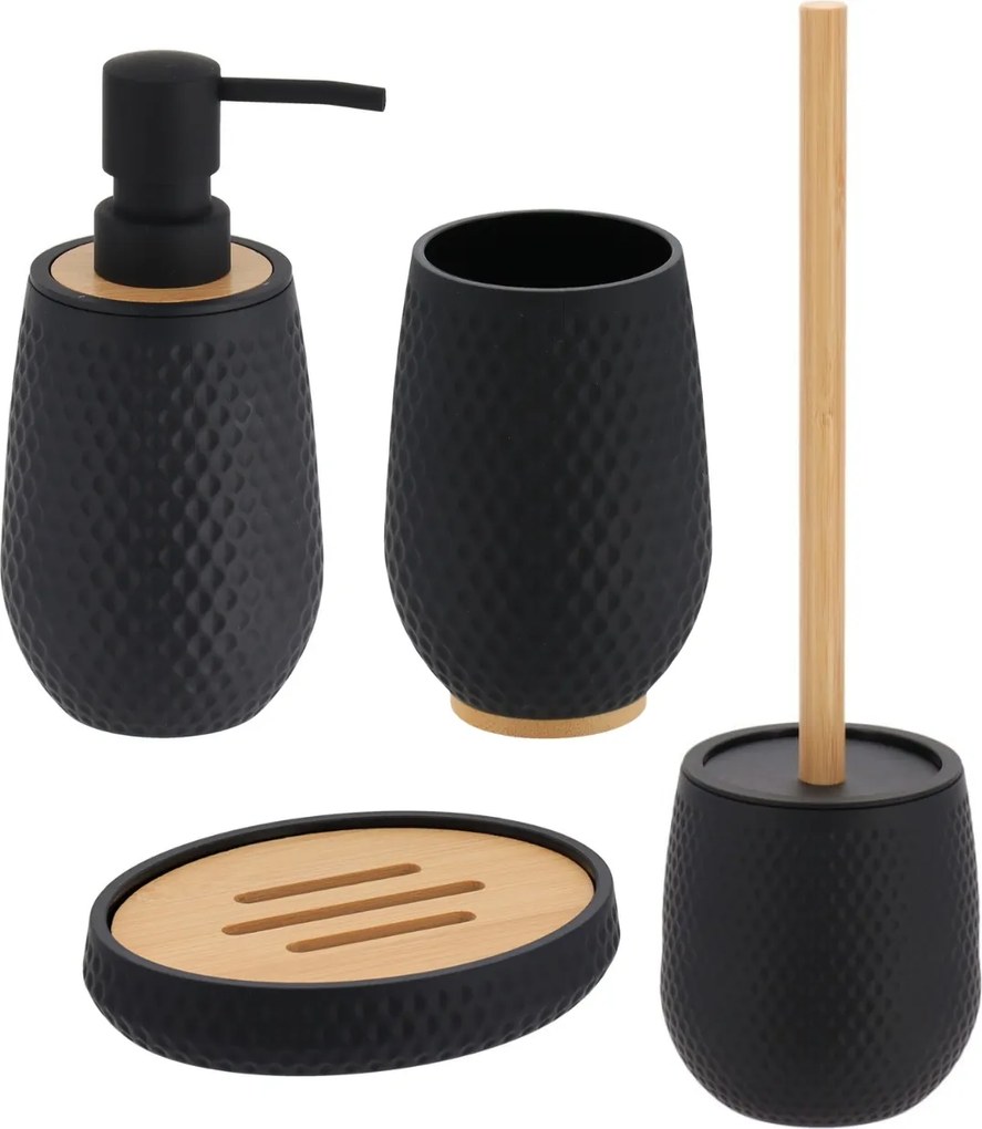 Sada kúpeľňových doplnkov Tova, čierna/s drevenými prvkami