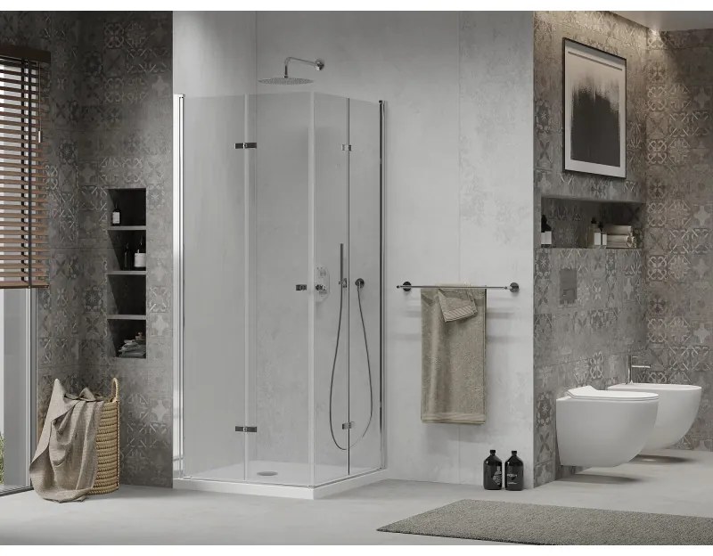 Mexen Lima Duo, sprchovací kút s 2-krídlovými skladacími dverami 70 (dvere) x 70 (dvere) cm, 6mm číre sklo + slim sprchová vanička 5cm biela, 856-070-070-01-02-4010